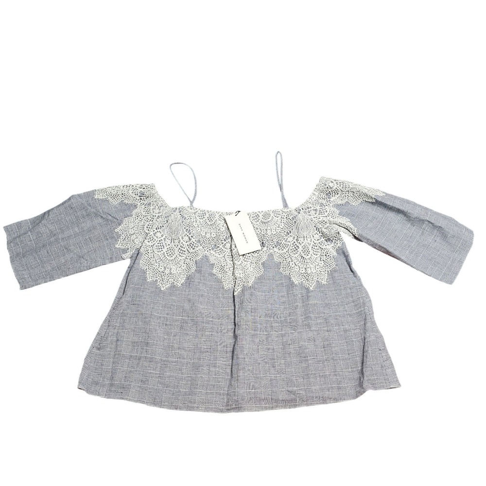 Zara Glen Plaid Lace Trim Linen Blouse M Blue Off‎ Shoulder Crop Coquette Preppy